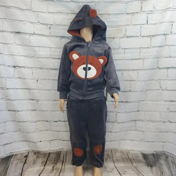 3T Toddler Grey Teddy Bear 2 piece Hoodie and Pants Velvet Outfit Set - Picture 2 of 14